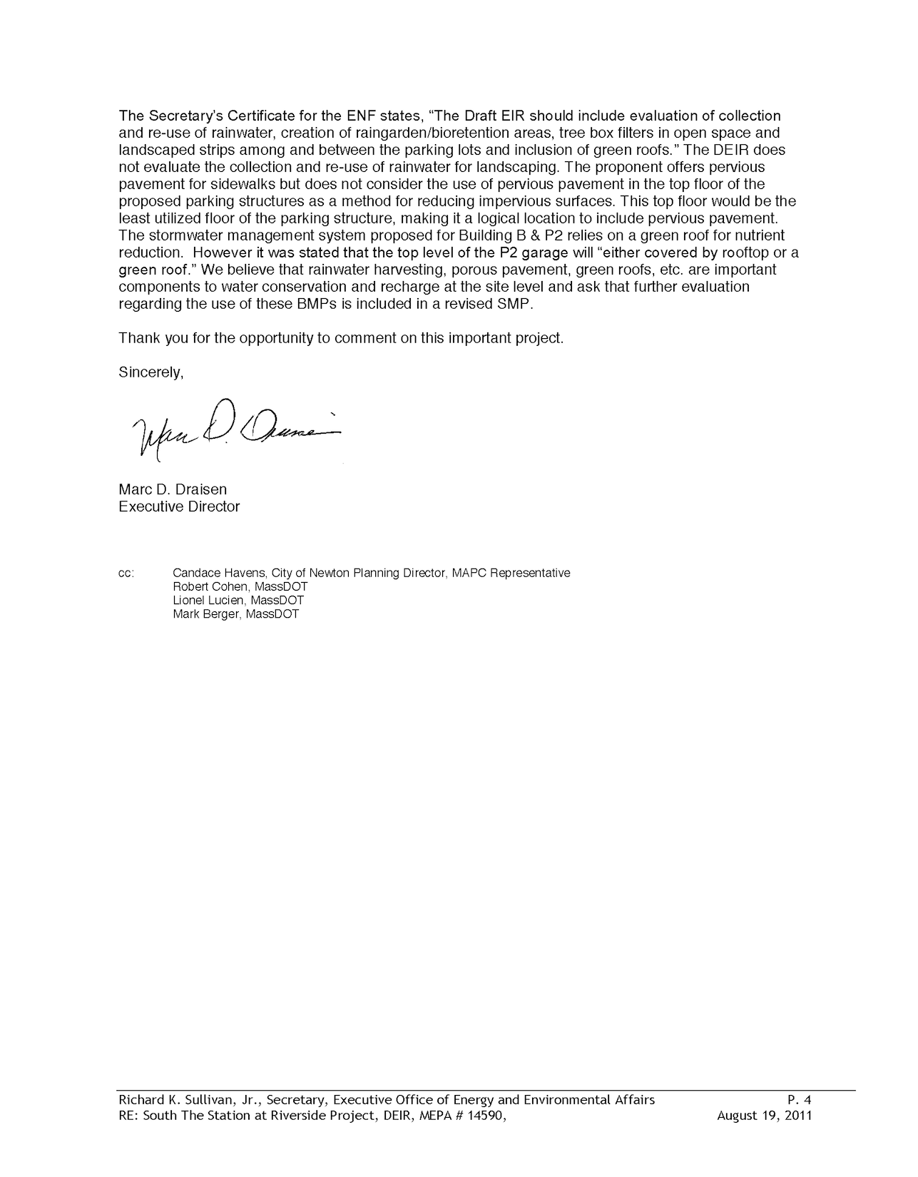 This section provides a letter from MAPC to the City of Newton containing comments on the Station at Riverside DEIR.